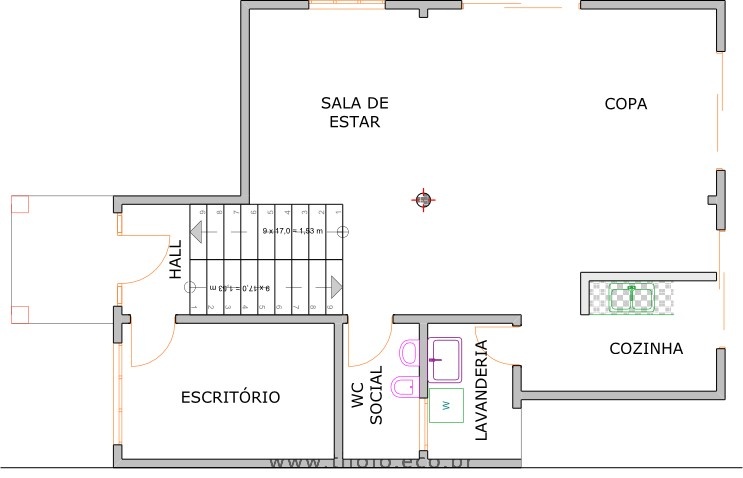 Planta de arquitetura do pavimento térreo de um sobrado